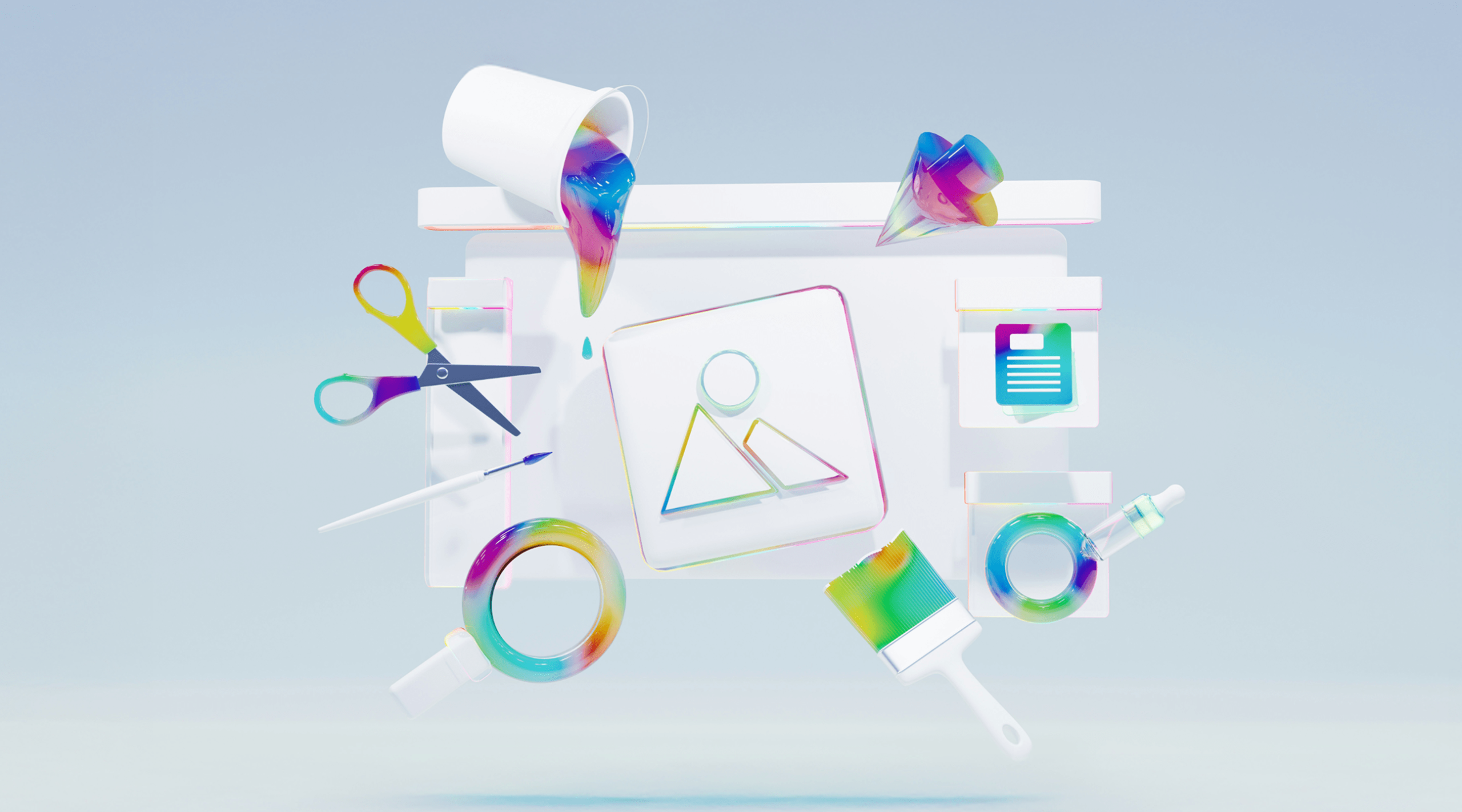 A selection of colourful design tools overlayed on an image placeholder.